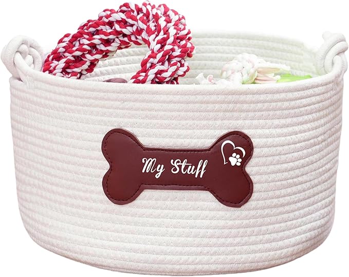 Pet Dog Storage Basket with Brown Leather Bone Design, Cotton Rope Organizer for Dog Toys, 12 x 12 x 7 inches, Puppy Toy Storage Organizer (Brown Leather Basket)
