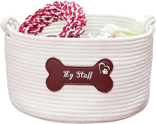 Pet Dog Storage Basket with Brown Leather Bone Design, Cotton Rope Organizer for Dog Toys, 12 x 12 x 7 inches, Puppy Toy Storage Organizer (Brown Leather Basket)