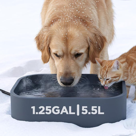 1.25Gal/5.5L Extra Large Pet Heated Water Bowl for Dog Cats Rabbit Chicken Duck Squirrel, Indoor & Outdoor Antifreezing Winter Heated Food & Water Bowl Dish, Thickened Design, BPA-Free, Plug and Play