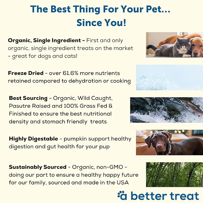 A BETTER TREAT – Freeze Dried Wild Caught Salmon, Organic Grass Fed & Finished Pasture Raised Beef, Organic Chicken Dog and Cat Treats, Single Ingredient | Healthy, Diabetic Friendly | Made in The USA