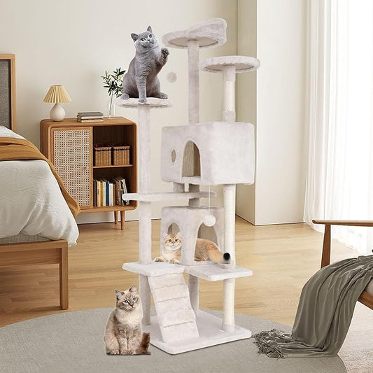 BestPet | 70" Cat Tree Tower | Beige | Sturdy, Easy to Assemble, Multi-Level Activity Center with Sisal Scratching Posts, Condos, Perches, Hanging Cat Toys, Observation Decks & Ladder