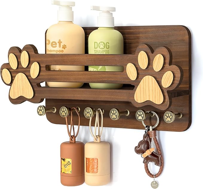 MTERSN Decorative Dog Leash Holder for Wall - Dog Accessories Organizer with Floating Shelf and 6 Key Hooks – Key Holder Wall Mount for Cute Stuff & Rustic Home Decor (Brown)