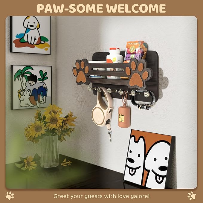 MTERSN Decorative Dog Leash Holder for Wall - Cute Dog Accessories Organizer with Floating Shelf & 6 Key Hooks – Key Holder Wall Mount for Cute Stuff and Farmhouse Decor (Dark Brown)