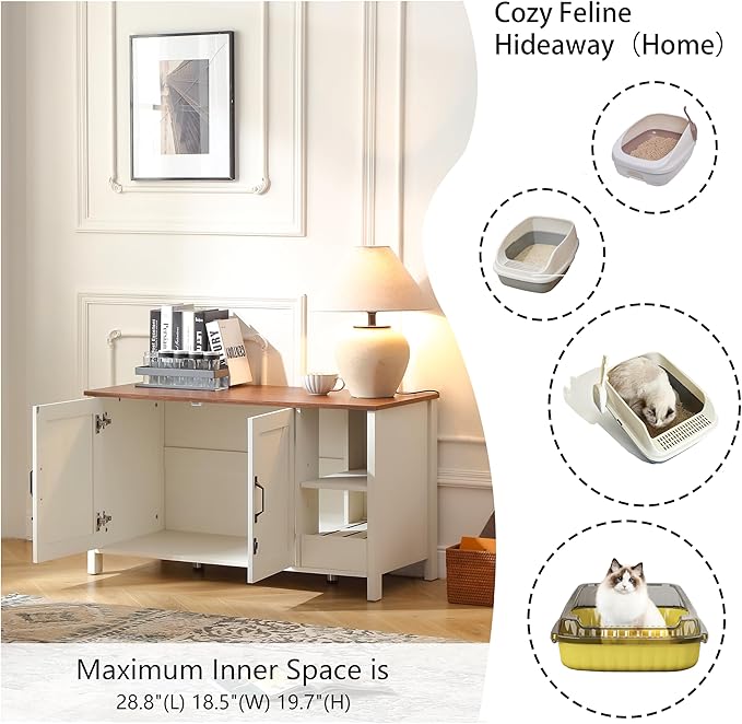 41.3'' Cat Litter Enclosure,Adjustable Shelf for Dog Proof and Storage,Locks Added for Cat,Litter Collector,Small Indoor Pet House,Antique White