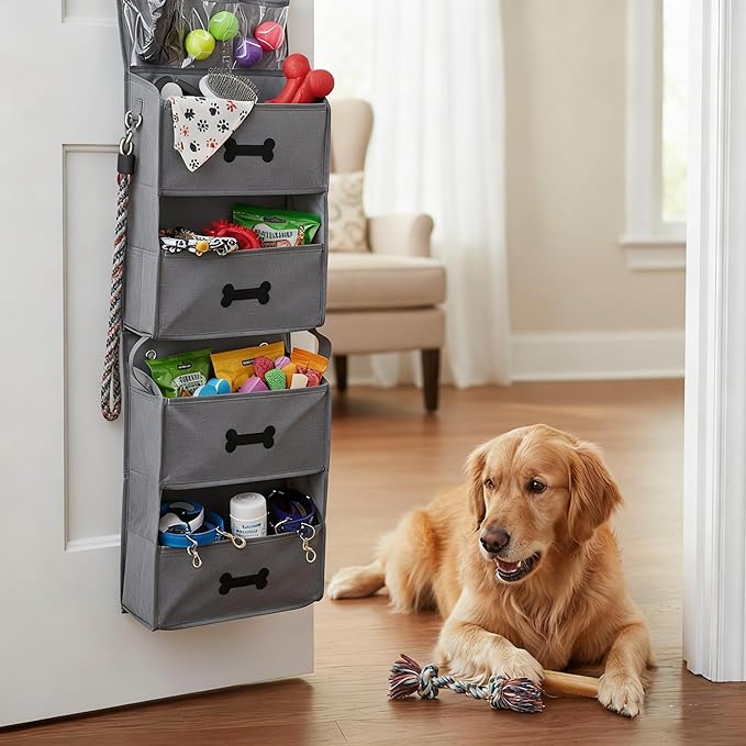 4-Shelf Dog Storage Organizer for Dog Toys,Over Door Basket for Pet Stuff with 2 Metal Hooks,4 Large Pockets for Dogs Leash,Harness,Toys,Treats-with DIY Tag-48''(Height)-Grey ﻿