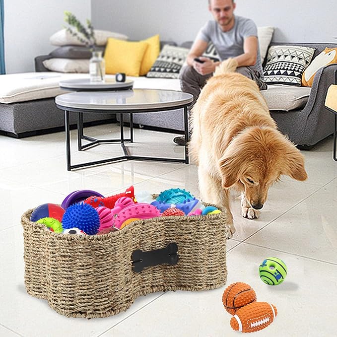 Personalized Dog Toy Bin - Bone Shape Dog Toys Storage & Organizer Boxes for Living Room - Handmade Seagrass Basket