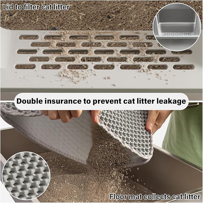 2PCS XL Stainless Steel Cat Litter Box with Lid,Metal Litter Box High Sides for Big/Multiple Cats,Open Design,Indoor,1-Mat and 1-Scoop,Easy to Clean, No Odor,Anti-Urine Leakage