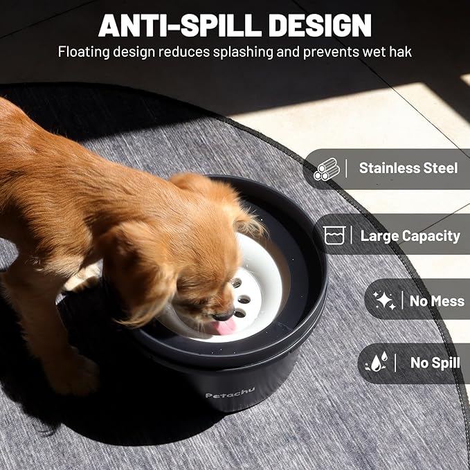 1.3 Gallon (5L) Stainless Steel Dog Water Bowl, No-Spill Floating Disk, 169 oz Large-Capacity Pet Water Feeder, Splash-Proof & Easy-to-Clean Design (Black)