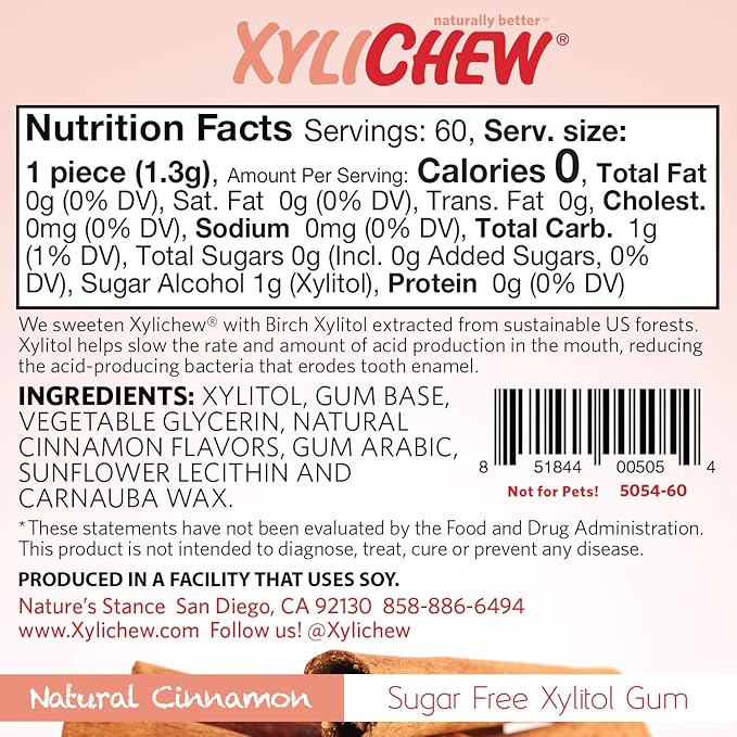 Xylichew 100% Xylitol Chewing Gum Jars - Non GMO, Gluten, Aspartame, and Sugar Free Gum - Natural Oral Care, Relieves Bad Breath and Dry Mouth - Cinnamon, 60 Count (Pack of 4)