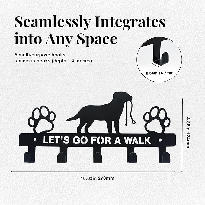 5-Hook Heavy Duty Dog Leash Holder for Wall, Metal Rust Proof Pet Leash Organizer & Key Holder, Screw Mount No Adhesive Hanger for Leashes, Keys, Collars - Entryway, Garage, Mudroom Storage