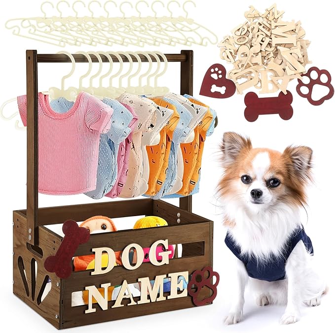 20 x 13 x 9 Wooden Dog Closet Pet Wardrobe Crate Box with Hanging Rods and Personalized Alphabet Letters Easy Assembly Baskets for Dog Cat Toys Clothes Accessories(Dark Walnut)