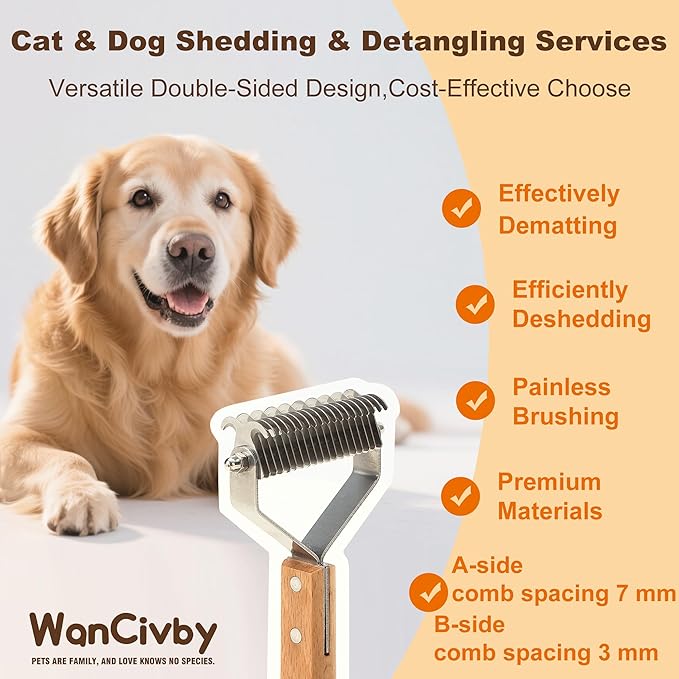Undercoat Rake for Dogs Brush for cat shedding tool Grooming Comb19Blade Dematting Tool Pet Brush Dual Side Large Medium Small Dogs and Cats Shedding Brush, Premium Wood Handle