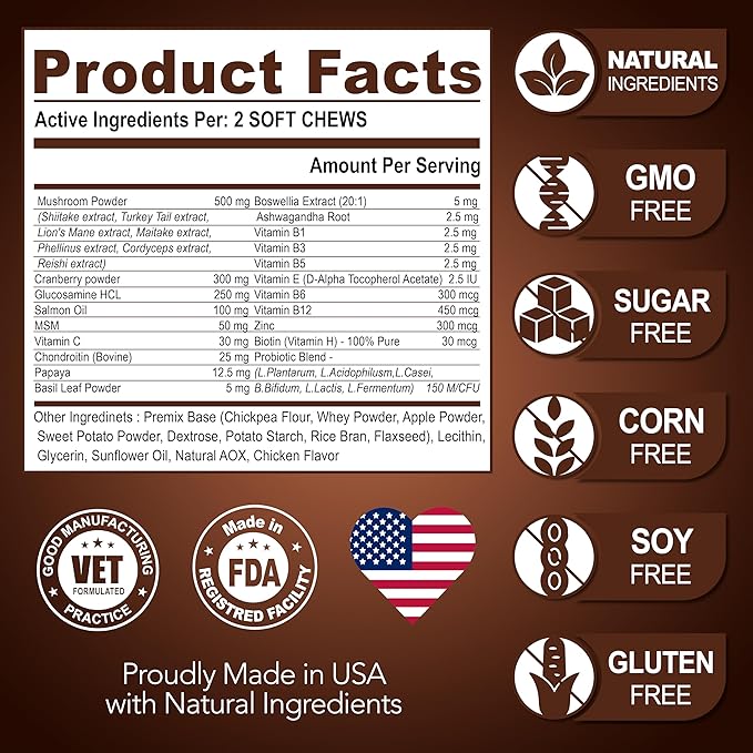 (2 Pack) Turkey Tail Mushroom for Dogs - 340 Chews - Mushroom Supplement for Dogs - Lions Mane - Reishi - Immunity Support Multivitamin Vitamins - Joint Health - Energy - Gut - Skin - Made in USA