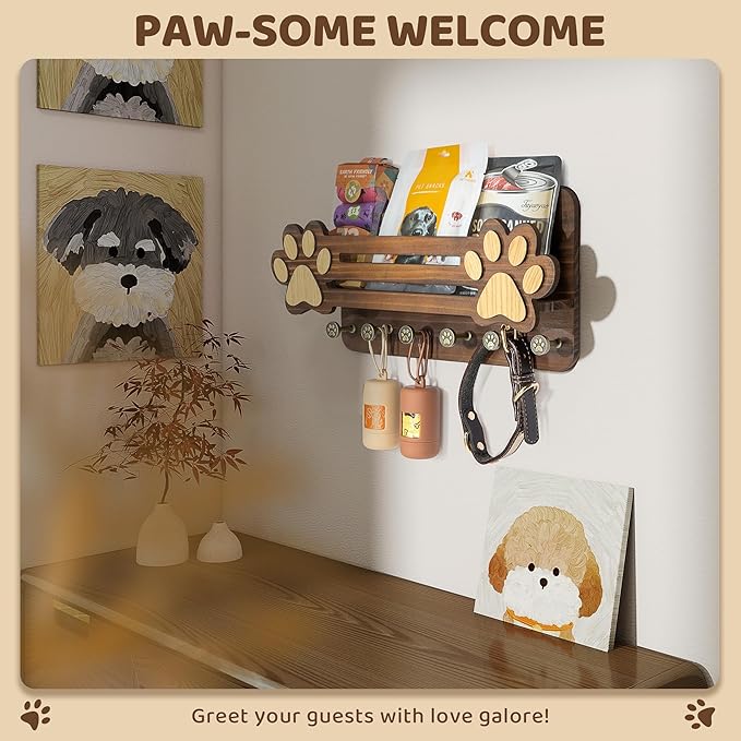 MTERSN Decorative Dog Leash Holder for Wall - Dog Accessories Organizer with Floating Shelf and 6 Key Hooks – Key Holder Wall Mount for Cute Stuff & Rustic Home Decor (Brown)