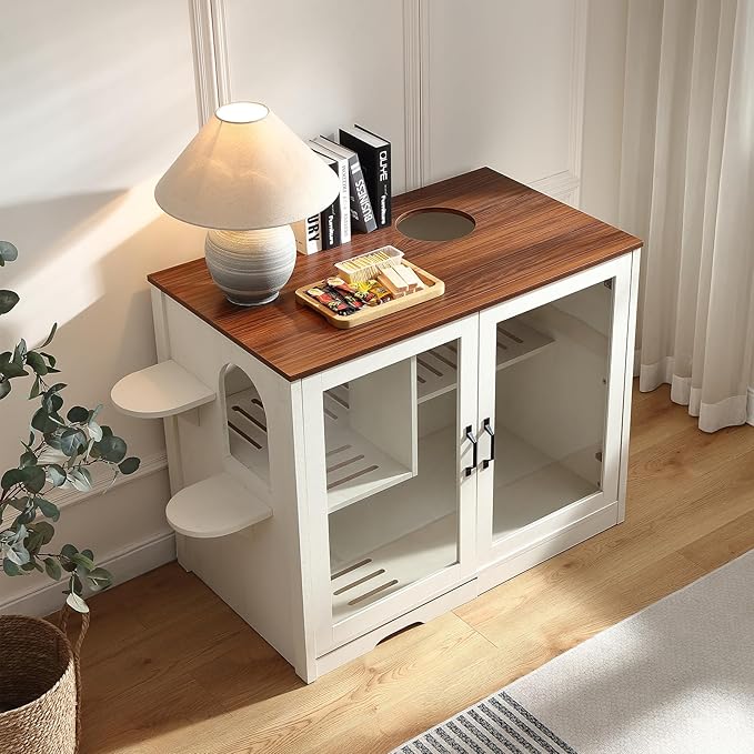 47.8'' Dog-Proof Large Cat Litter Box Enclosure with Super Convenient Litter Collector,Cat Litter Box Cabinet with Litter Leak Walkway and Glass Doors for Better View,White