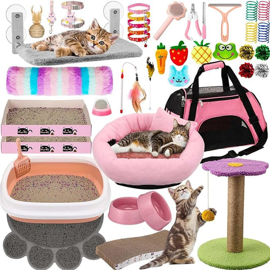 40 Pcs Kitten Starter Kit for Indoor Cats Include Cat Litter Box Toys, Hammock, Bed Scratch Pad, Climbing Post, Feed Bowls, Mat, Collars, Nail File and More for Kitten Supplies Welcome Gift(Pink)