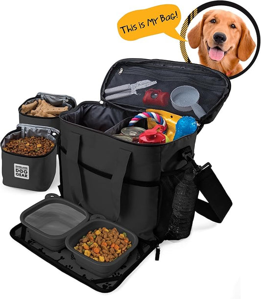Mobile Dog Gear, Week Away Dog Travel Bag for Medium and Large Dogs, Includes Lined Food Carriers and 2 Collapsible Dog Bowl, Black