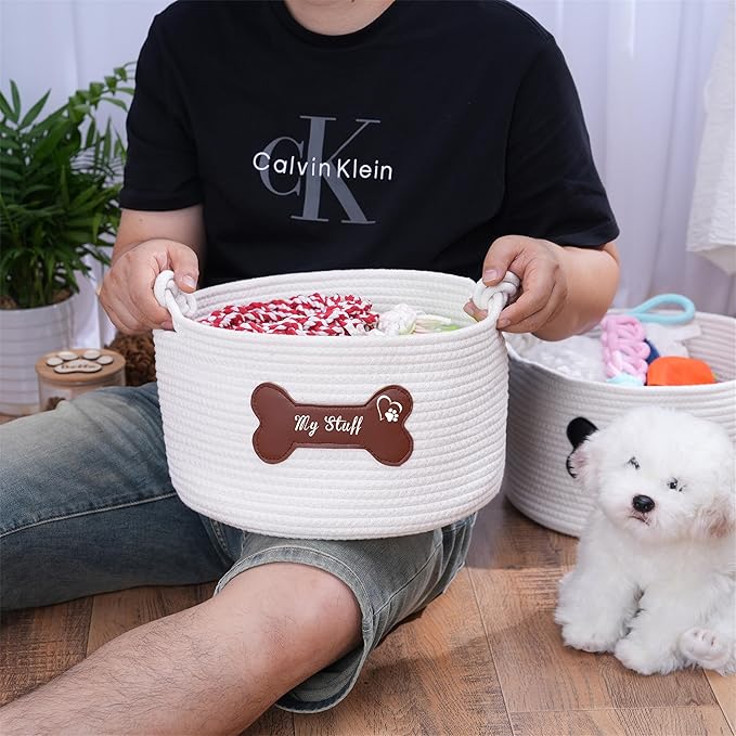 Pet Dog Storage Basket with Brown Leather Bone Design, Cotton Rope Organizer for Dog Toys, 12 x 12 x 7 inches, Puppy Toy Storage Organizer (Brown Leather Basket)