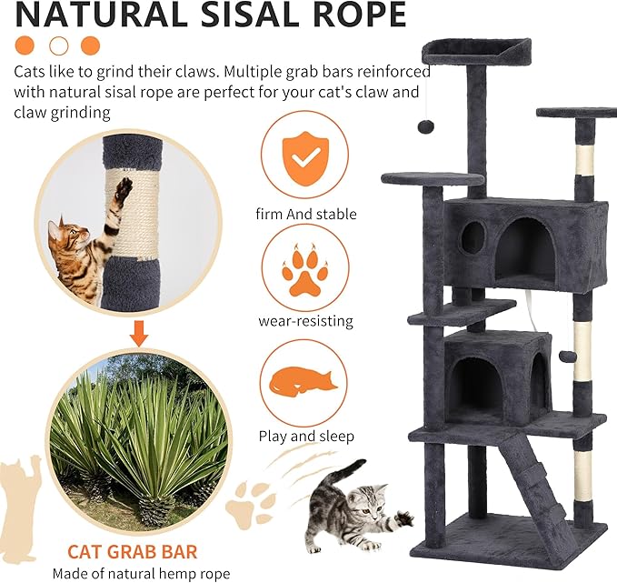 BestPet | 62" Cat Tree Tower | Dark Gray | Sturdy, Easy to Assemble, Multi-Level Activity Center with Sisal Scratching Posts, Condos, Perches, Hanging Cat Toys, Observation Decks & Ladder