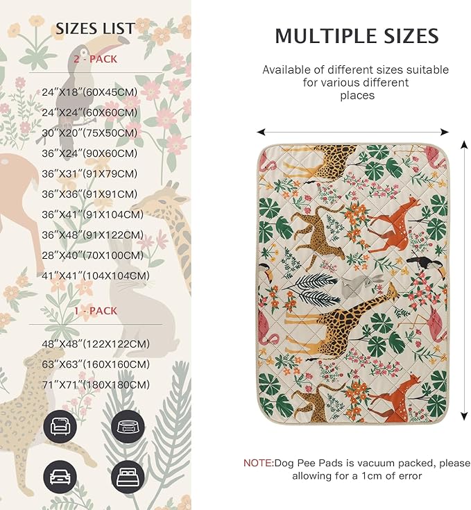 IEUUMLER Washable Pee Pads for Dogs, 2 Pack Forest Pattern Reusable Waterproof Puppy Pads, Non-Slip Super Absorbent Dog Training Pad for Playpen Crate Bed EU013 Beige Jungle, 41x41