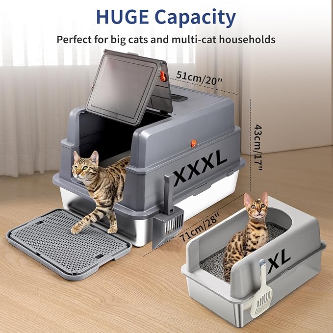 XXXL Stainless Steel Litter Box with Lid, Extra Large 28" L x 20" W x 17" H Enclosed Metal Cat Litter Box with Litter Scoop & Foot Pedal, Odor Control for Big Cats, Multiple Cats (Dark Grey)