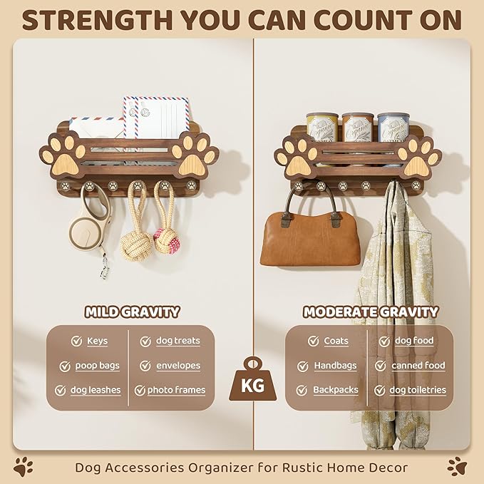 MTERSN Decorative Dog Leash Holder for Wall - Dog Accessories Organizer with Floating Shelf and 6 Key Hooks – Key Holder Wall Mount for Cute Stuff & Rustic Home Decor (Brown)