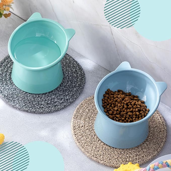 Zhehao 2 Pieces Plastic Raised Bowl Tilted 15 Degrees Elevated Cat Food and Water Bowls Set Anti Vomit Dog Kitten Food Dishes Pet for Cats and Small Dogs(Cat Ears,Light Green, Blue)