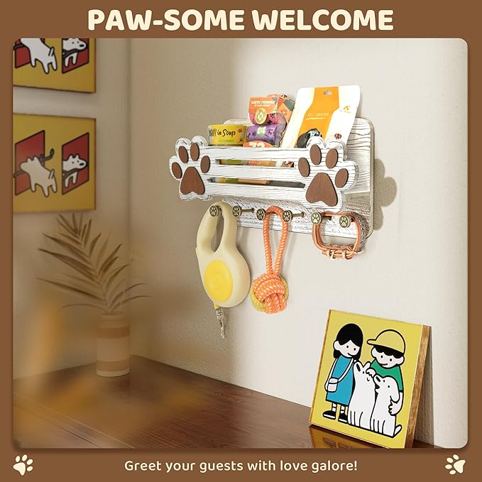 MTERSN Farmhouse Dog Leash Holder for Wall - Cute Dog Accessories Storage Organizer with Floating Shelf and 6 Key Hooks – Key Holder Wall Mount for Rustic Home Decor (White)