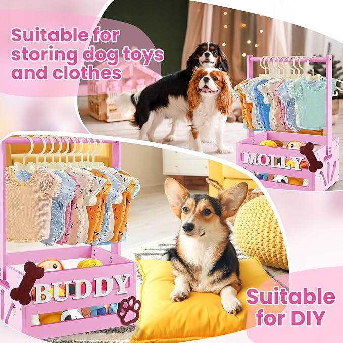 20 x 13 x 9 Wooden Dog Closet Pet Wardrobe Crate Box with Hanging Rods and Personalized Alphabet Letters Easy Assembly Baskets for Dog Cat Toys Clothes Accessories(Pink)