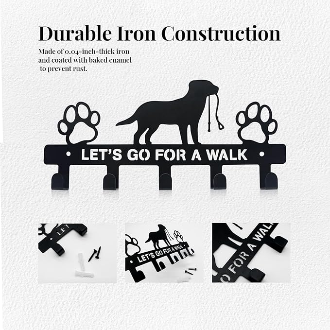 5-Hook Heavy Duty Dog Leash Holder for Wall, Metal Rust Proof Pet Leash Organizer & Key Holder, Screw Mount No Adhesive Hanger for Leashes, Keys, Collars - Entryway, Garage, Mudroom Storage