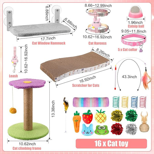 40 Pcs Kitten Starter Kit for Indoor Cats Include Cat Litter Box Toys, Hammock, Bed Scratch Pad, Climbing Post, Feed Bowls, Mat, Collars, Nail File and More for Kitten Supplies Welcome Gift(Pink)