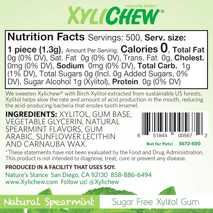 Xylichew 100% Xylitol Chewing Gum - Non GMO, Non Aspartame, Gluten Free, and Sugar Free Gum - Natural Oral Care, Relieves Bad Breath and Dry Mouth - Spearmint, 500 Count