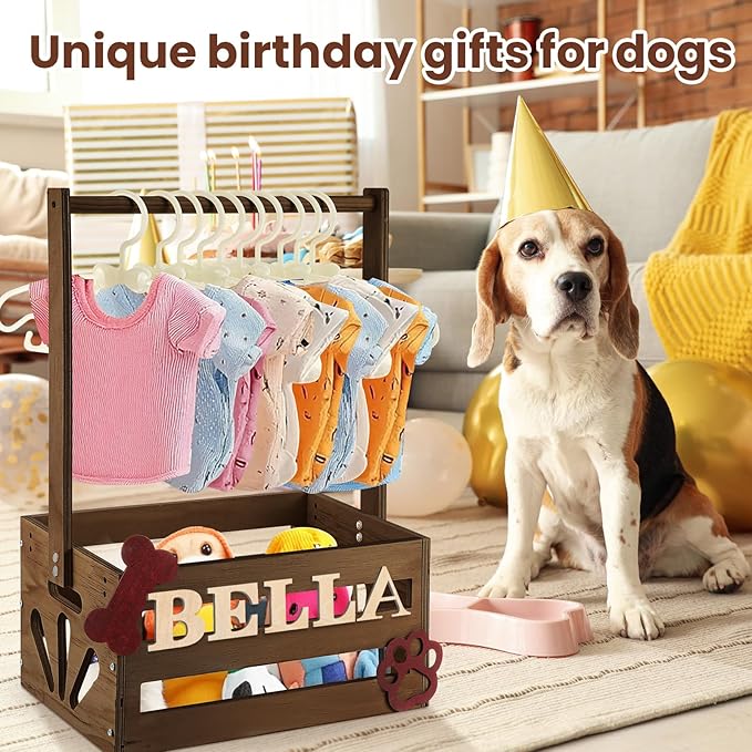 20 x 13 x 9 Wooden Dog Closet Pet Wardrobe Crate Box with Hanging Rods and Personalized Alphabet Letters Easy Assembly Baskets for Dog Cat Toys Clothes Accessories(Dark Walnut)