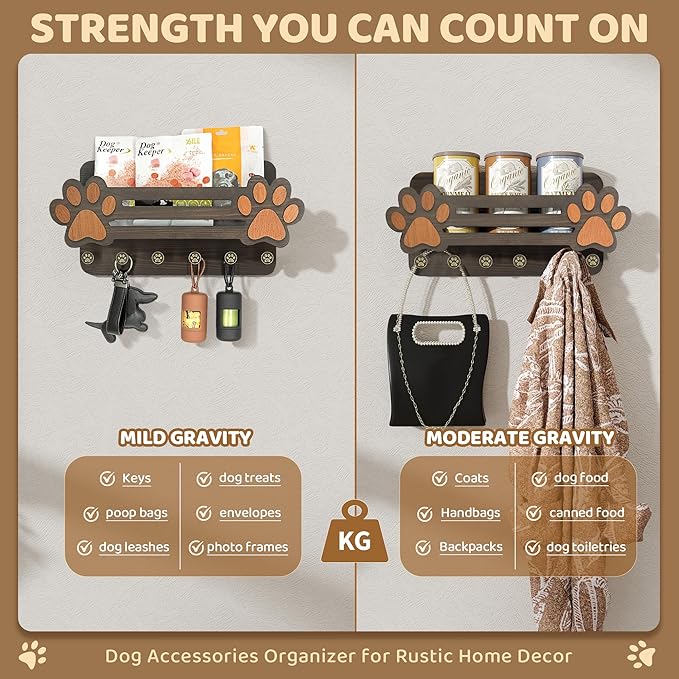 MTERSN Decorative Dog Leash Holder for Wall - Cute Dog Accessories Organizer with Floating Shelf & 6 Key Hooks – Key Holder Wall Mount for Cute Stuff and Farmhouse Decor (Dark Brown)