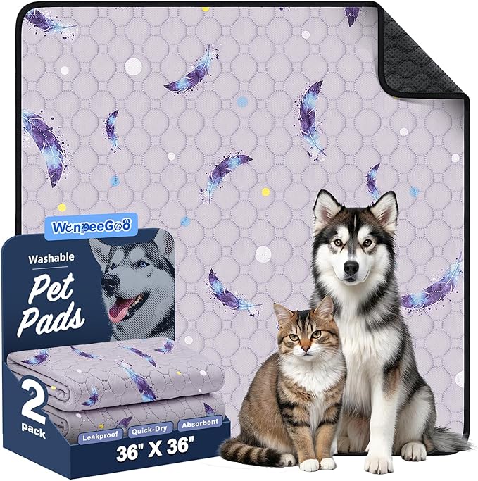 Washable Pee Pads for Dogs, 2Pack Reusable Puppy Pads, Super Absorbent & Leakproof Dog Pads, Anti-Slip Dog Pee Pads for Puppy Training & Incontinence, Feather Pattern 36"x36"