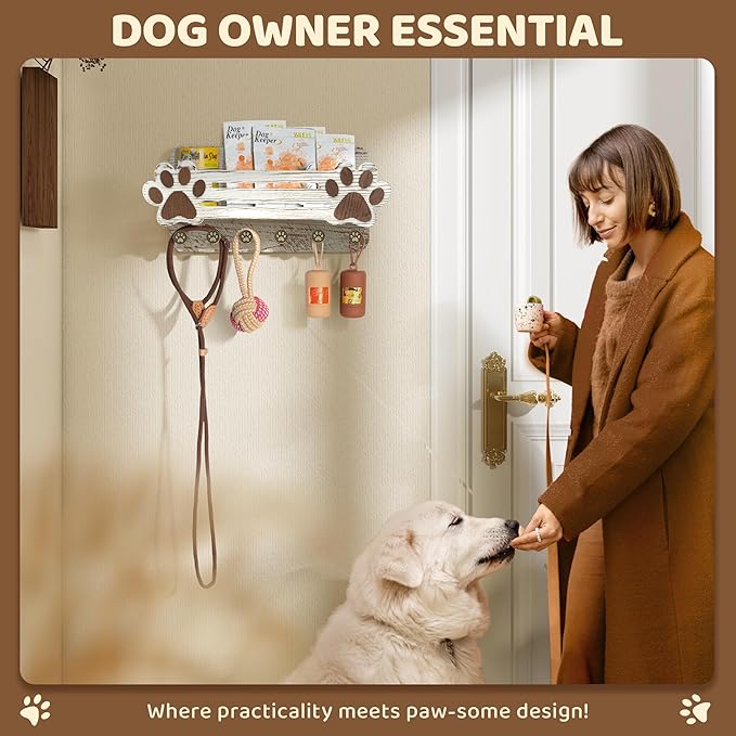 MTERSN Farmhouse Dog Leash Holder for Wall - Cute Dog Accessories Storage Organizer with Floating Shelf and 6 Key Hooks – Key Holder Wall Mount for Rustic Home Decor (White)