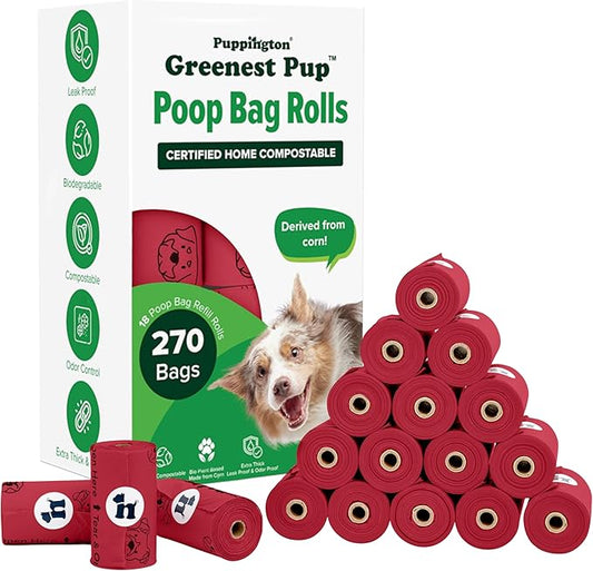 Puppington Certified Home Compostable Poop Bags - ASTM D6400 Compliant - 270 Extra Thick Bags - Plant Based - Pairs with Puppington 3-in-1 Bag & Fits all Standard Poop Bag Dispensers (Ruby Red)