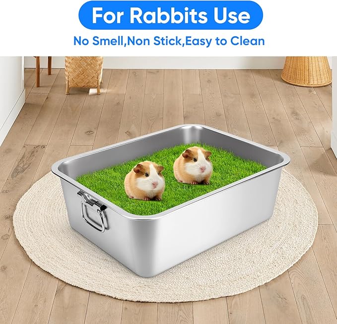 2 Pack Stainless Steel Litter Box with Handle for Cat and Rabbit, 19.5" L x 13.5" W x 6" H, Odor Control Litter Pan, Fold-able Feeding Plate, Non Stick Smooth Surface