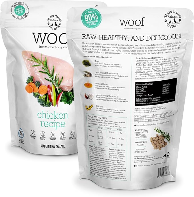 The New Zealand Natural Pet Food Co WOOF Freeze Dried Dog Food - Chicken Recipe, High Protein Dog Treats & Snacks, Dog Food Toppers & Meals, 2.2 lb