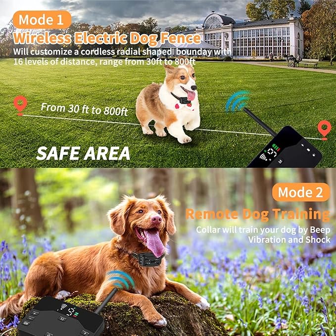 Wireless Dog Fence Dog Training Collar 2 in 1, Electric Pets Boundary Containment System, Adjustable Range Control, Waterproof Receiver, Vibration & Shock, Suitable for All Stubborn Dogs,for2dogs