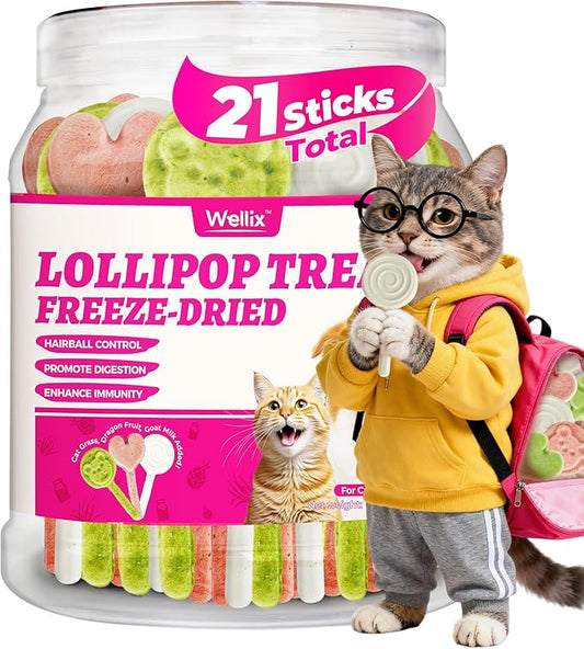 Wellix Freeze Dried Dog&Cat Treats - High Protein Chicken Recipe Lollipop Cat Treats - Three Flavors (Cat Grass, Dragon Fruit, Goat Milk) - Low Calorie Training Treats 21pcs