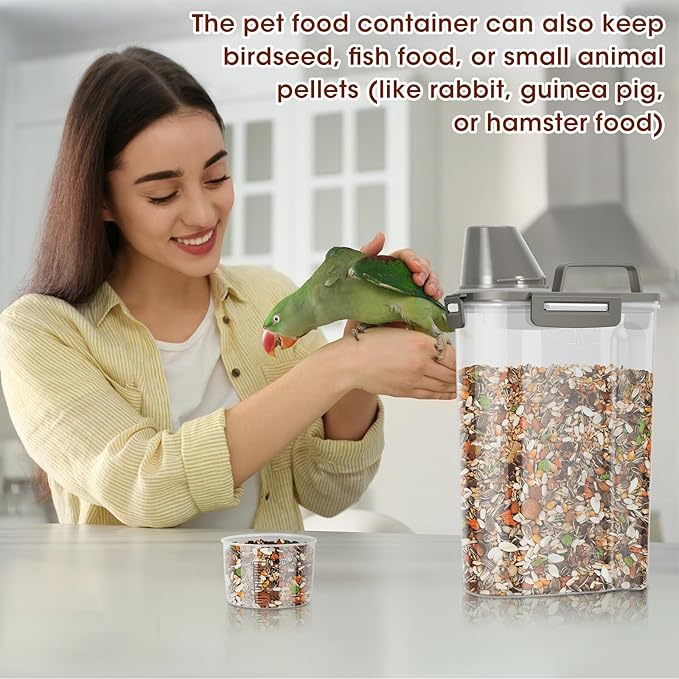 TBMax Small Dog Cat Food Storage Containers 2 Pack, Travel-Friendly Pet Food Container with Spout & Measuring Cup, Kid-Friendly Pet Feeding Dispenser, Portable Dog Treat Bird Seed Container -Grey