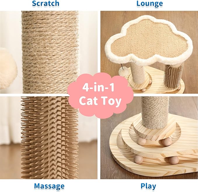 Made4Pets Cat Scratching Post, Cat Self Groomer for Indoor Cats, Cloud Soft Perch for Rest, 17.5" Tall Natural Sisal Scratcher Cat Grooming Interactive Ball Track Toys for Small Cats Kittens
