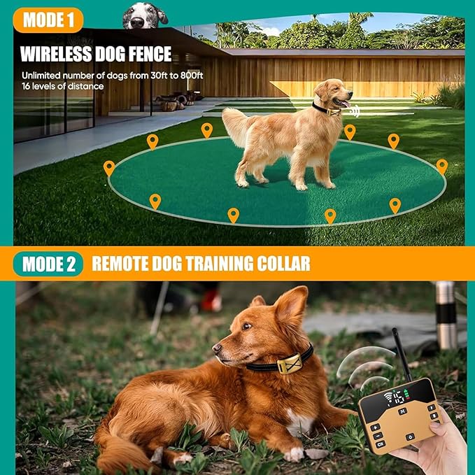 Wireless Dog Fence, Pet Boundary Containment System, IP67 Waterproof Rechargeable Training Collar Receiver, Vibration & Shock, Range of 80-1640ft, Electric Pet Fence for Stubborn Dogs,for1dog