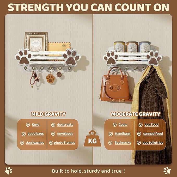 MTERSN Farmhouse Dog Leash Holder for Wall - Cute Dog Accessories Storage Organizer with Floating Shelf and 6 Key Hooks – Key Holder Wall Mount for Rustic Home Decor (White)