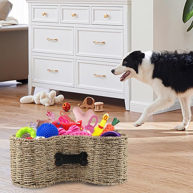 Personalized Dog Toy Bin - Bone Shape Dog Toys Storage & Organizer Boxes for Living Room - Handmade Seagrass Basket