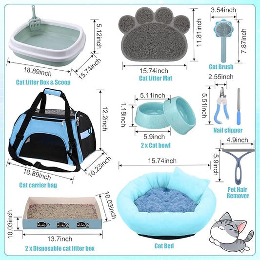 40 Pcs Kitten Starter Kit for Indoor Cats Include Cat Litter Box Toys, Hammock, Bed Scratch Pad, Climbing Post, Feed Bowls, Mat, Collars, Nail File and More for Kitten Supplies Welcome Gift(Blue)