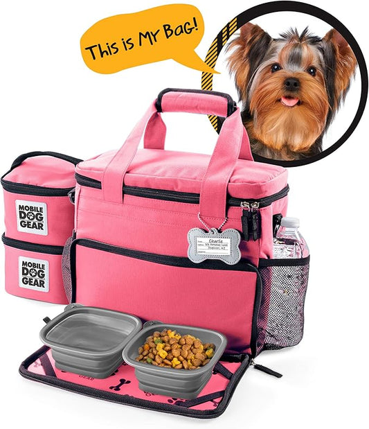 Mobile Dog Gear, Week Away Dog Travel Bag for Small Dogs, Includes Lined Food Carriers and 2 Collapsible Dog Bowl, Pink