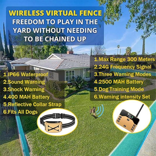 Wireless Dog Fence, Electric Pet Containment System for Dogs and Pets, Waterproof and Rechargeable Training Collar Receiver, Adjustable Vibration & Shock, Dog Container Boundary System,for1dog