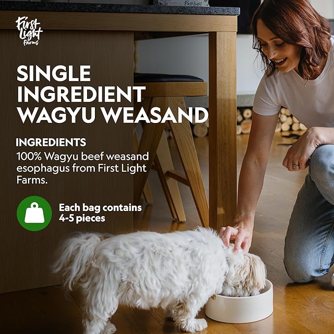 First Light Farms Wagyu Beef Esophagus Dog Treats | Gullet Sticks for Dogs | Esophagus Jerky Treats | All Natural Weasand Chews, 4-5 Count | Healthy Treats for Teeth, Mental Stimulation, Joint Support